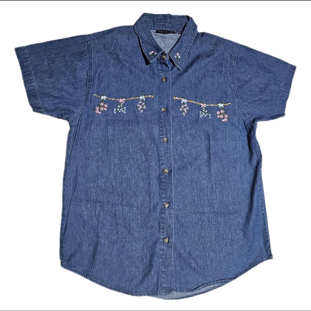 90s cottagecore grandmacore embroidered flowers denim shirt